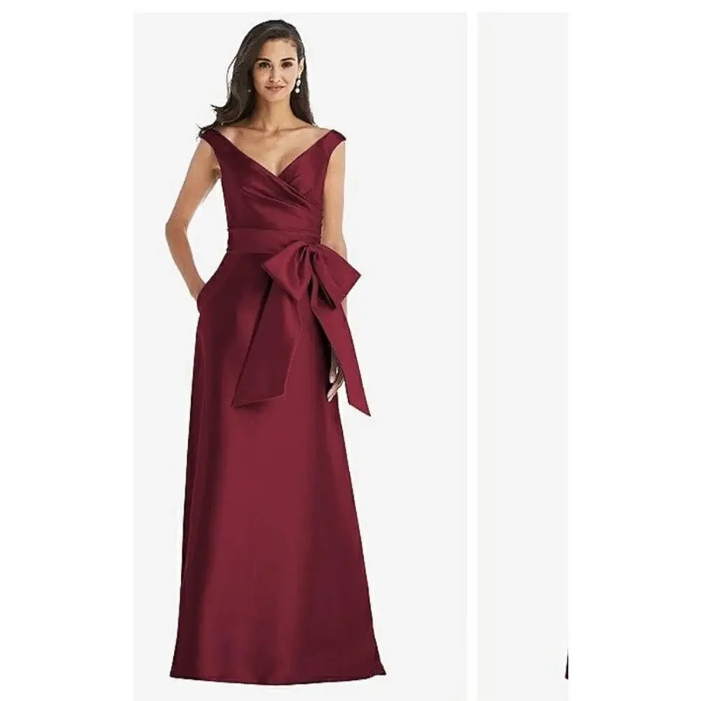Alfred Sung Off -Shoulder Burgundy Satin Gown With Sash, Size 20, NWT D802S - Picture 10 of 13
